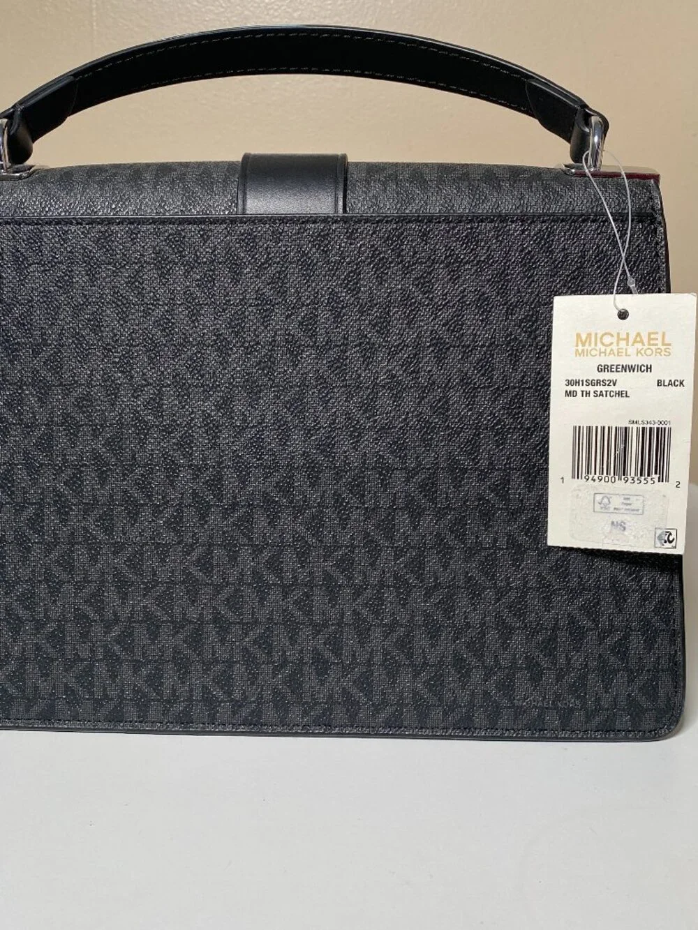 NWT Michael Kors Greenwich Medium Top Handle Satchel Black MK Signature